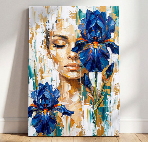 Wandbild frau blumen blau - wandbild,